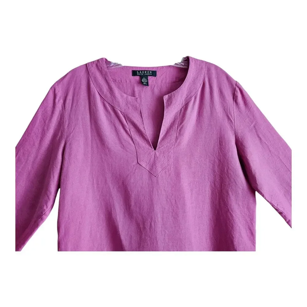 LAUREN RALPH LAUREN Women's L Linen Shirt Magenta Roll Tab Long Sleeve 42" - Picture 2 of 7